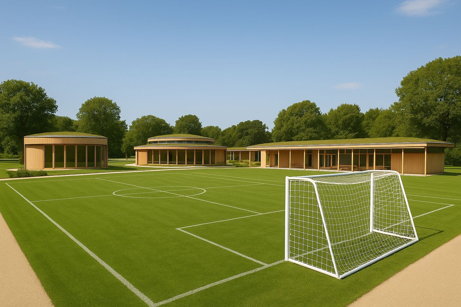 Ilustración del campus proyectado con espacios verdes y cancha de fútbol